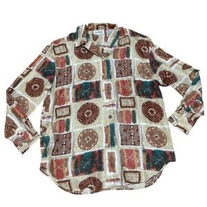 Two Twenty Women's M Vintage 80s 90s 100% Silk Patchwork Button Down Shirt Brown